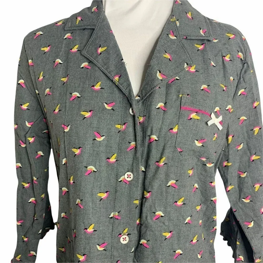 Olsenboyle Bird Print Sleep Shirt M Grey Button Front Pocket Long Sleeve Pajama